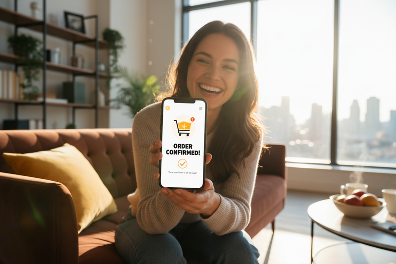 happy customer buying product with phone